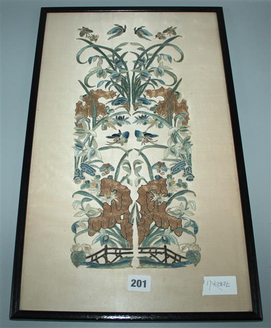 A Chinese embroidered silk sleeve panel